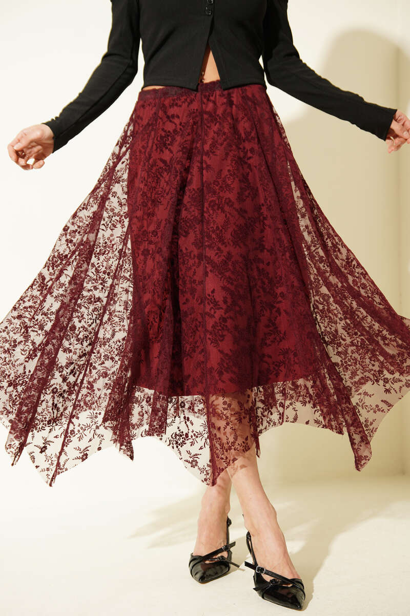 Asymmetric Floral Tulle Midi Skirt - Burgundy