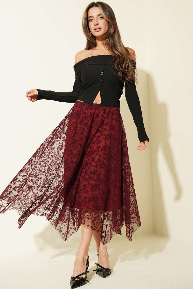 Asymmetric Floral Tulle Midi Skirt - Burgundy
