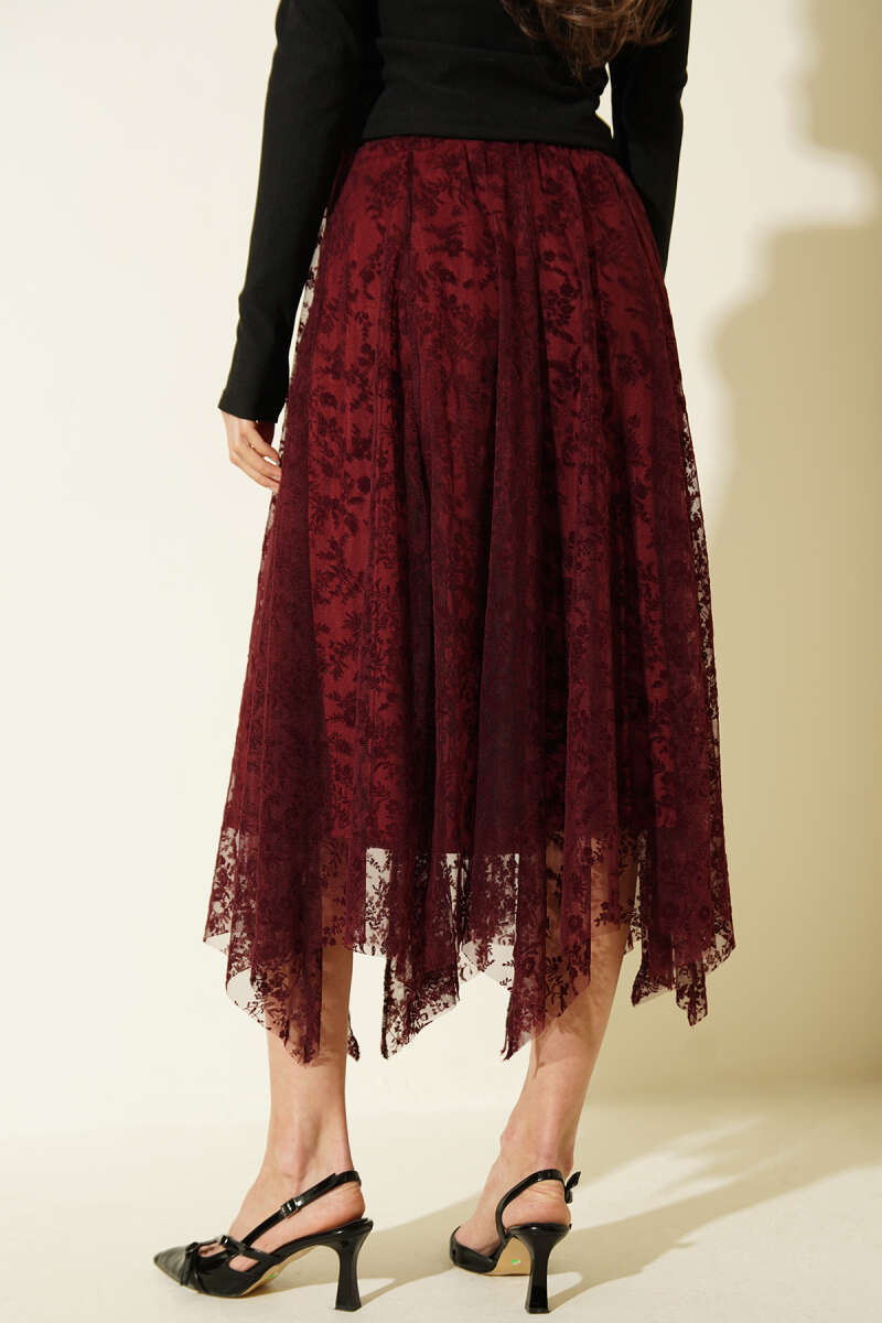 Asymmetric Floral Tulle Midi Skirt - Burgundy