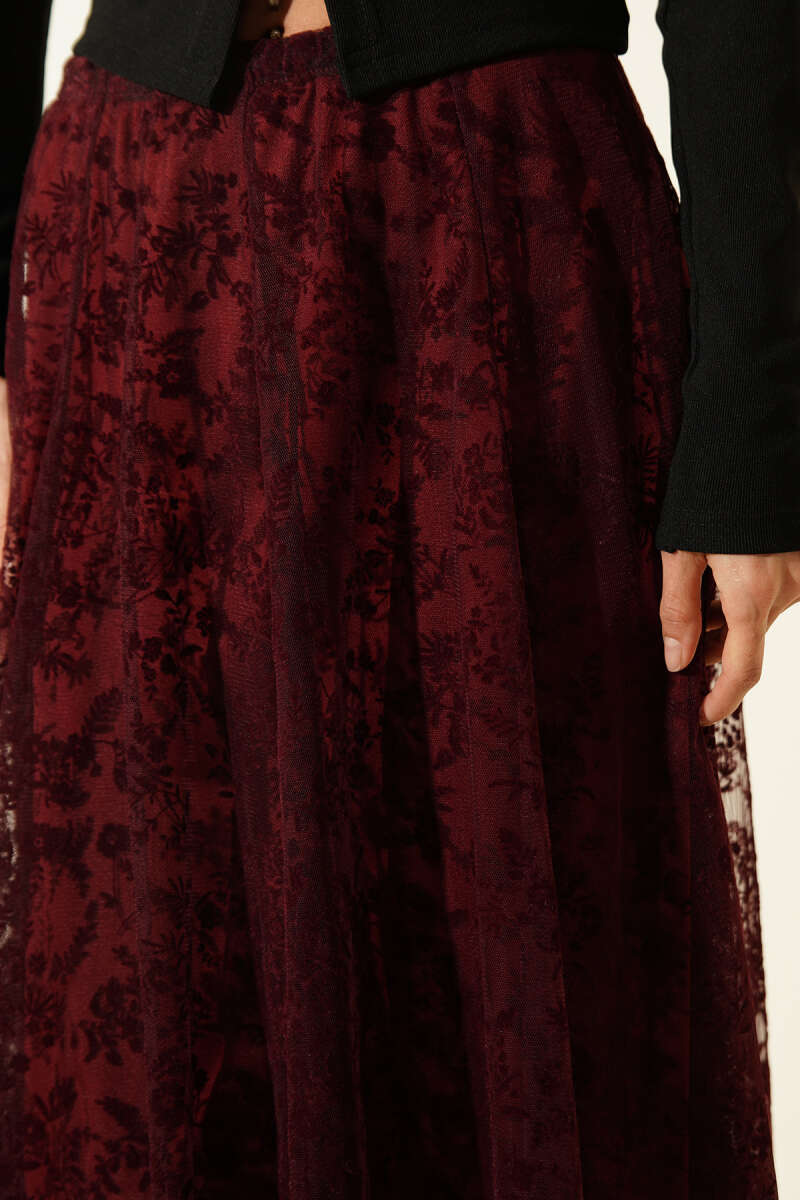 Asymmetric Floral Tulle Midi Skirt - Burgundy
