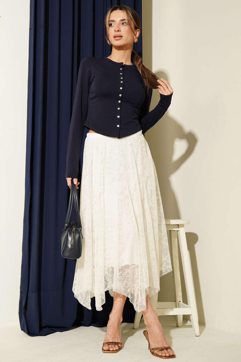 Asymmetric Floral Tulle Midi Skirt - Ecru