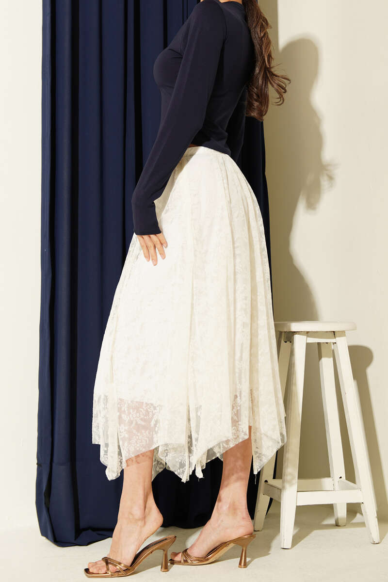 Asymmetric Floral Tulle Midi Skirt - Ecru