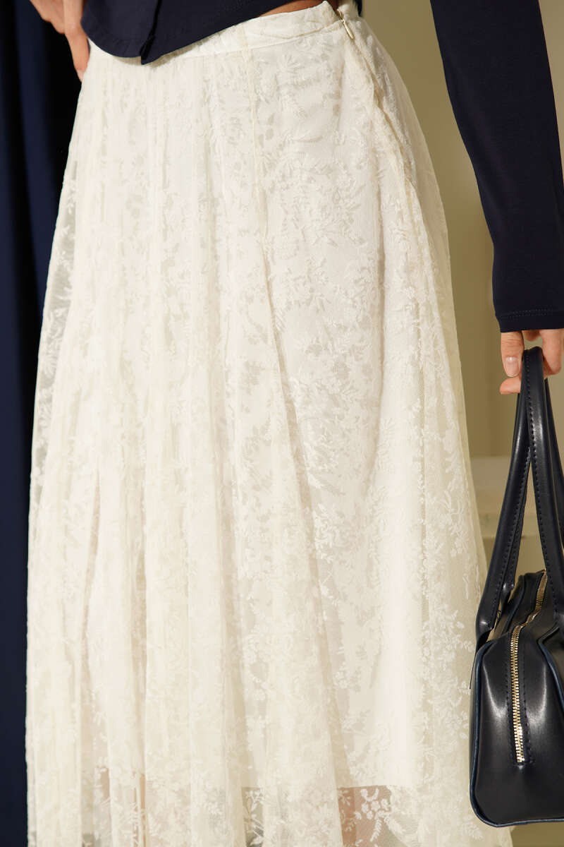 Asymmetric Floral Tulle Midi Skirt - Ecru
