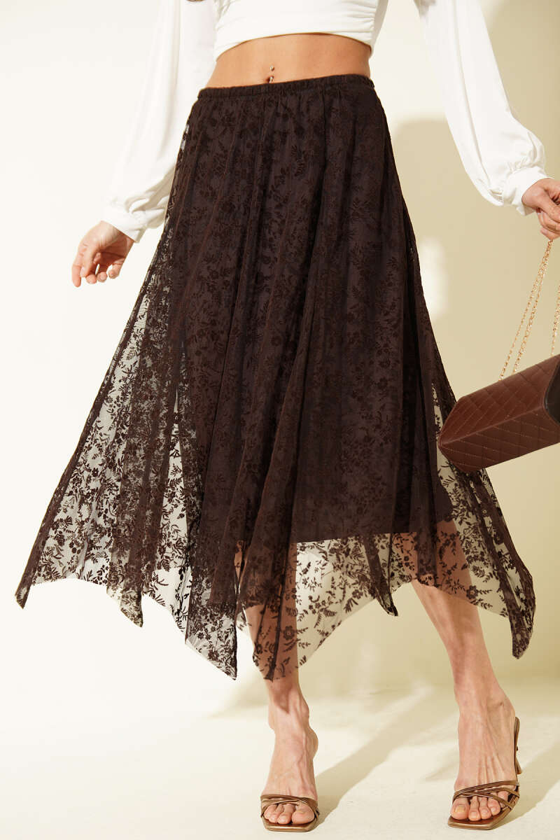 Asymmetric Floral Tulle Midi Skirt - Brown