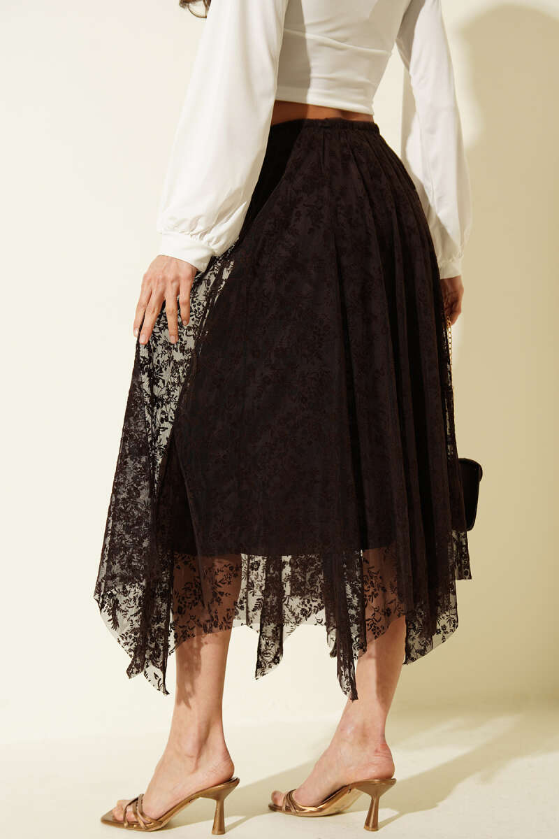 Asymmetric Floral Tulle Midi Skirt - Brown