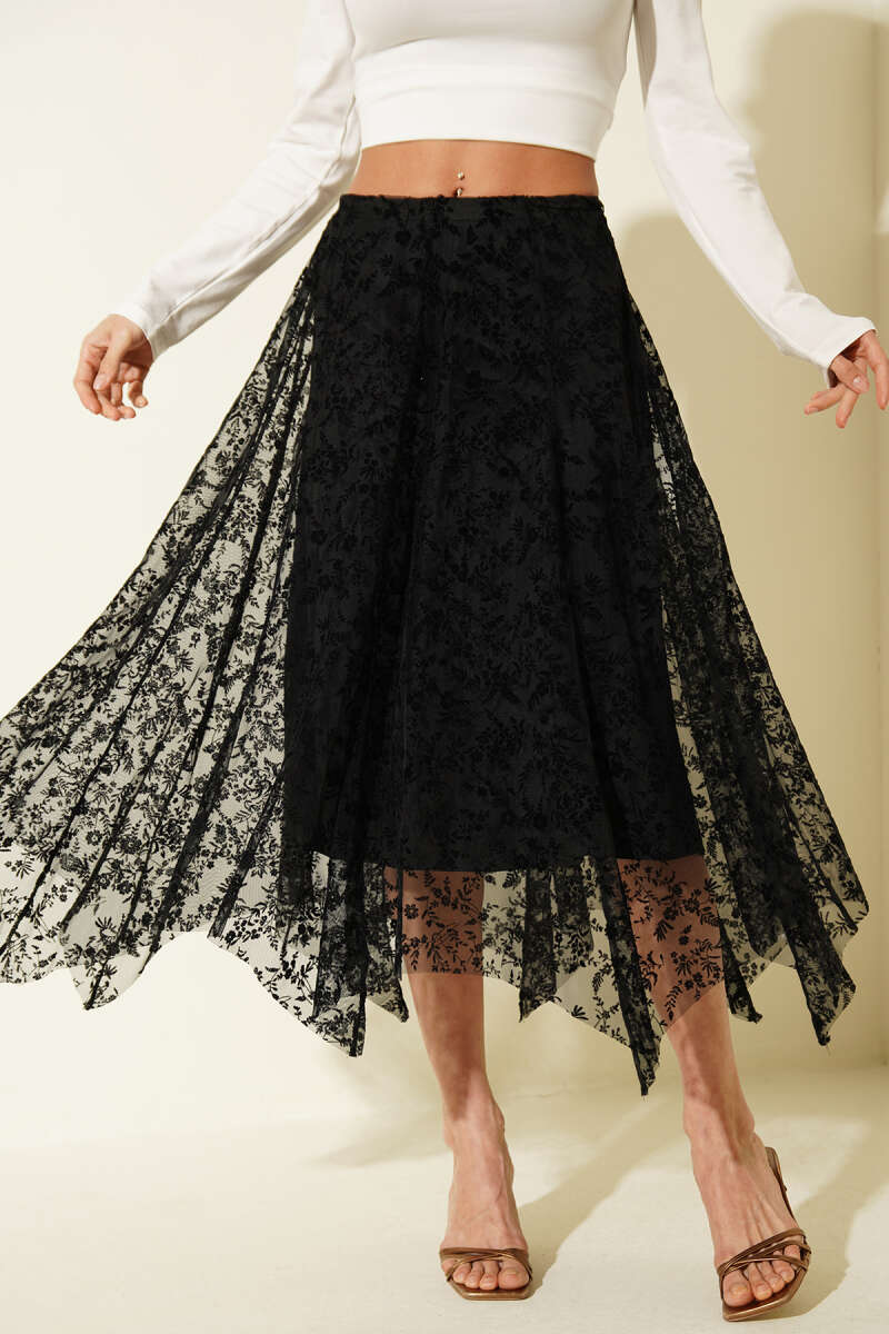 Asymmetric Floral Tulle Midi Skirt - Black