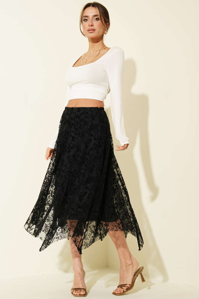 Asymmetric Floral Tulle Midi Skirt - Black