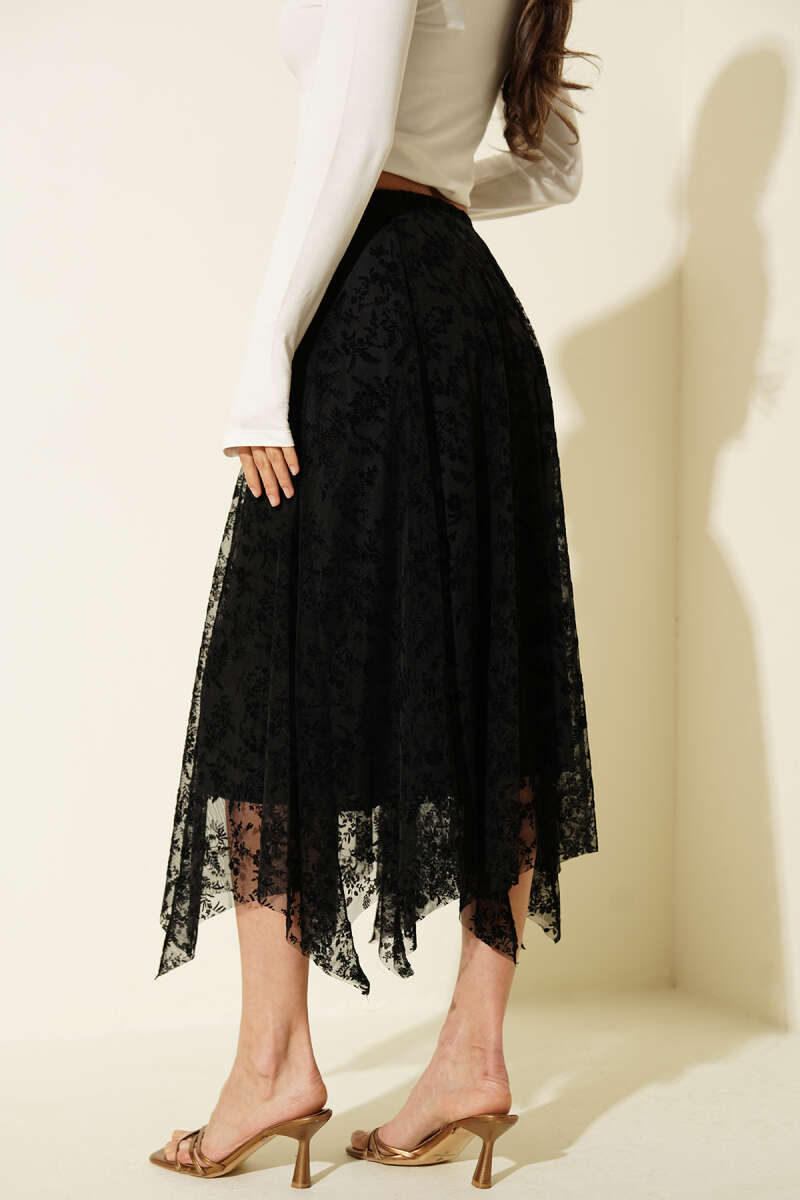 Asymmetric Floral Tulle Midi Skirt - Black