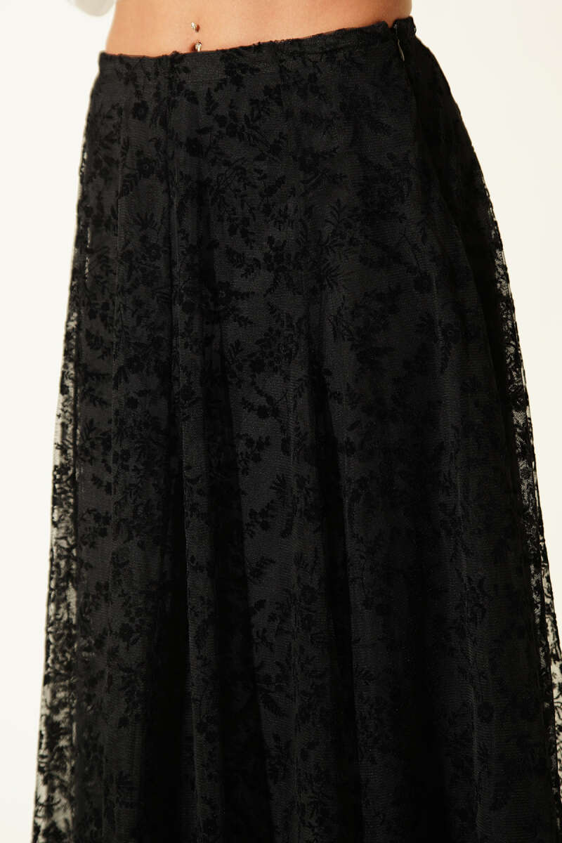 Asymmetric Floral Tulle Midi Skirt - Black