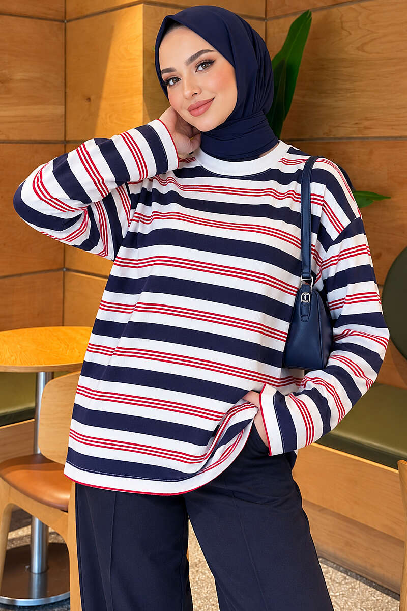 Asymmetric Striped Tunic - Navy