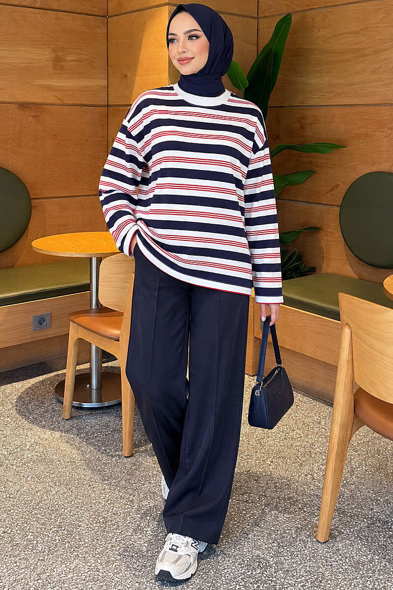 Asymmetric Striped Tunic - Navy
