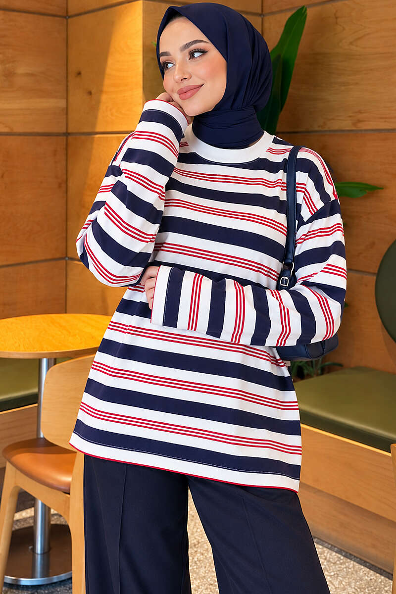 Asymmetric Striped Tunic - Navy