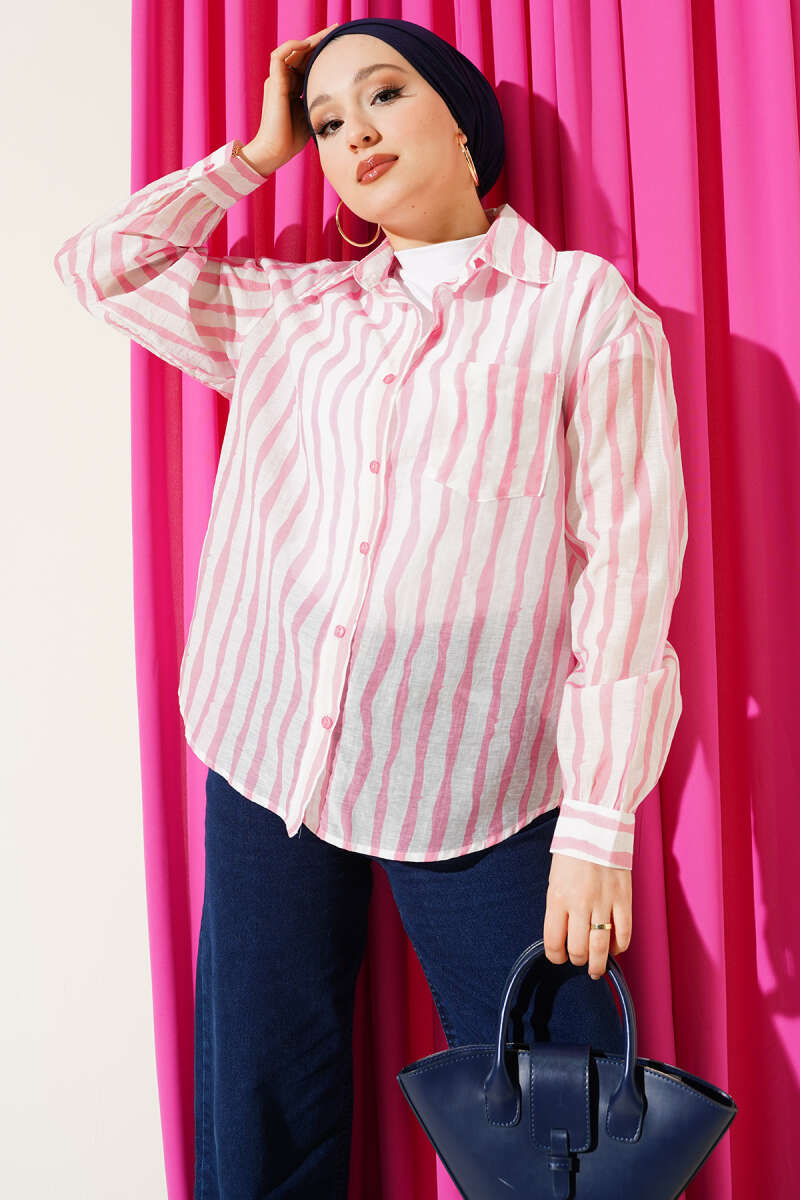 Asymmetric Vertical-Stripe Shirt - Pink