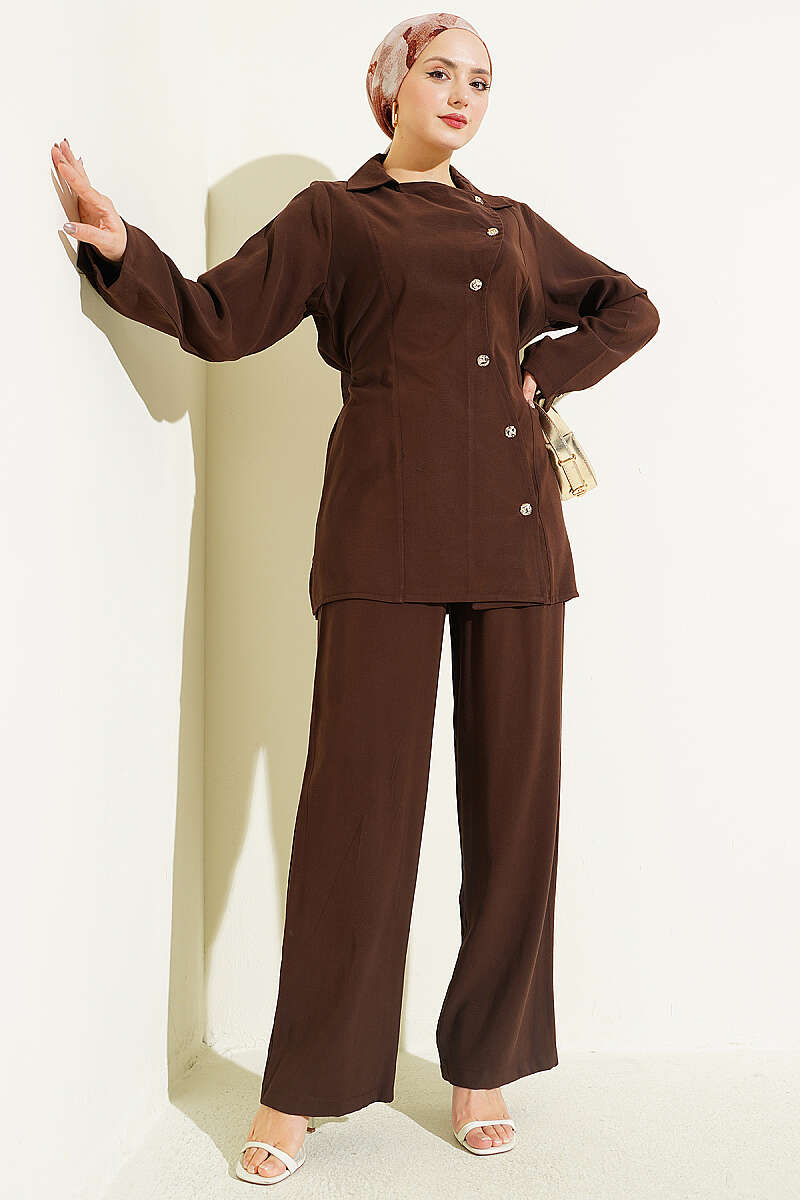 Asymmetric Button Tencel Two-Piece Set with Cords - Brown