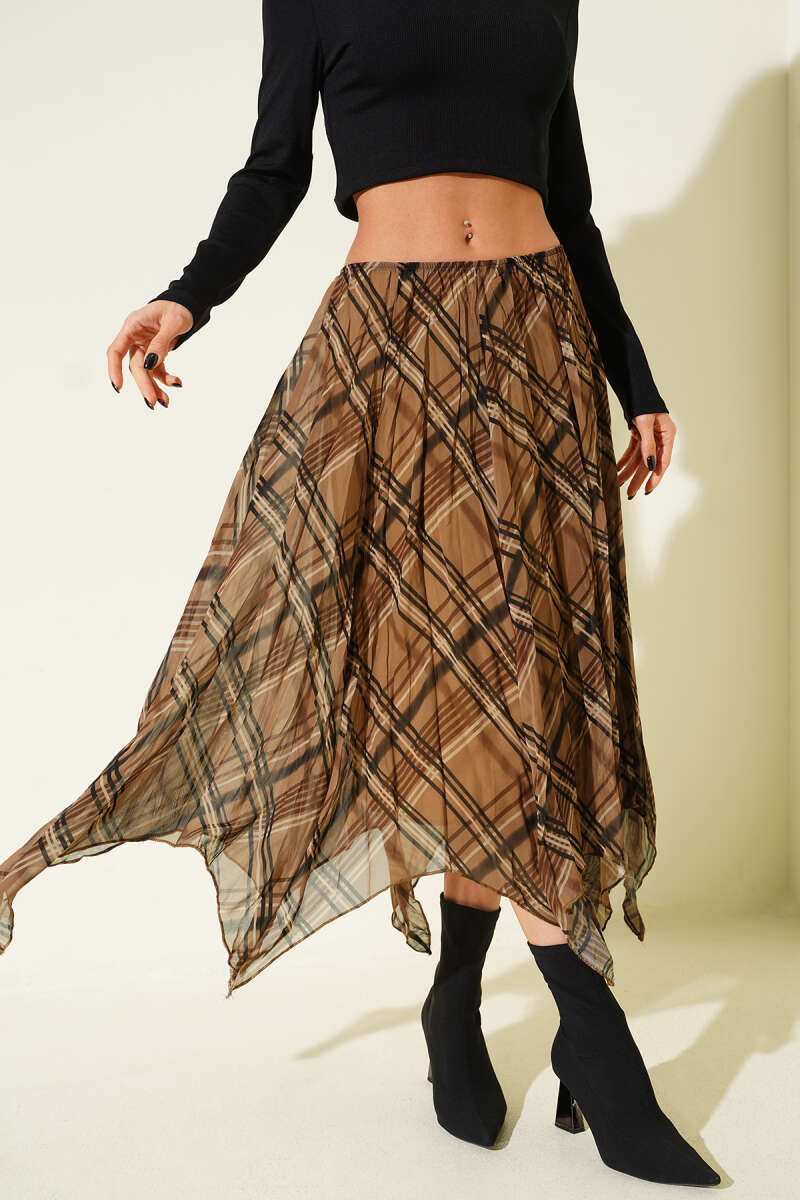 Asymmetric Plaid Chiffon Midi Skirt - Latte