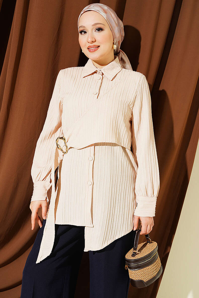 Asymmetric Shirt with Gold Buckle - Beige