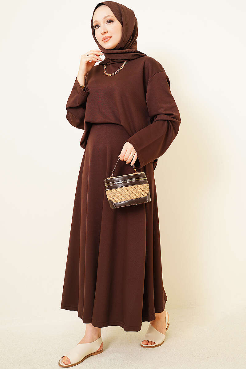 Basic Asymmetric Two-Piece Skirt Set - Brown