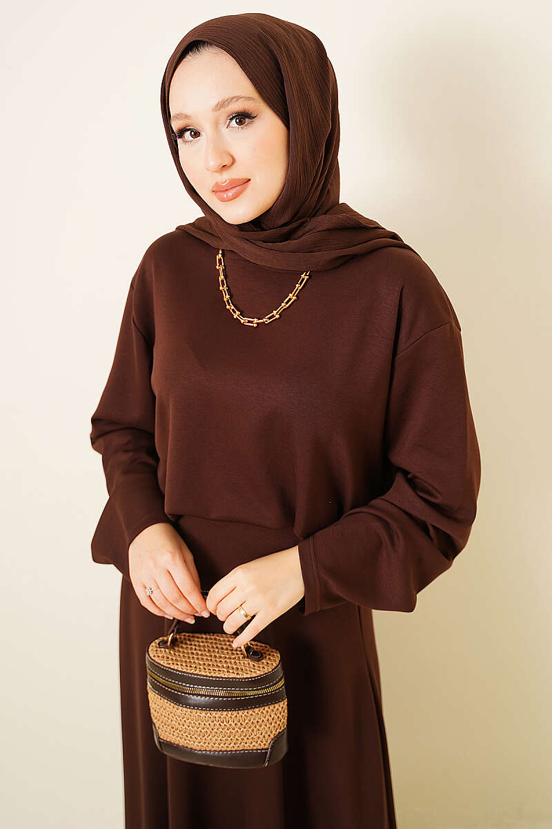 Basic Asymmetric Two-Piece Skirt Set - Brown