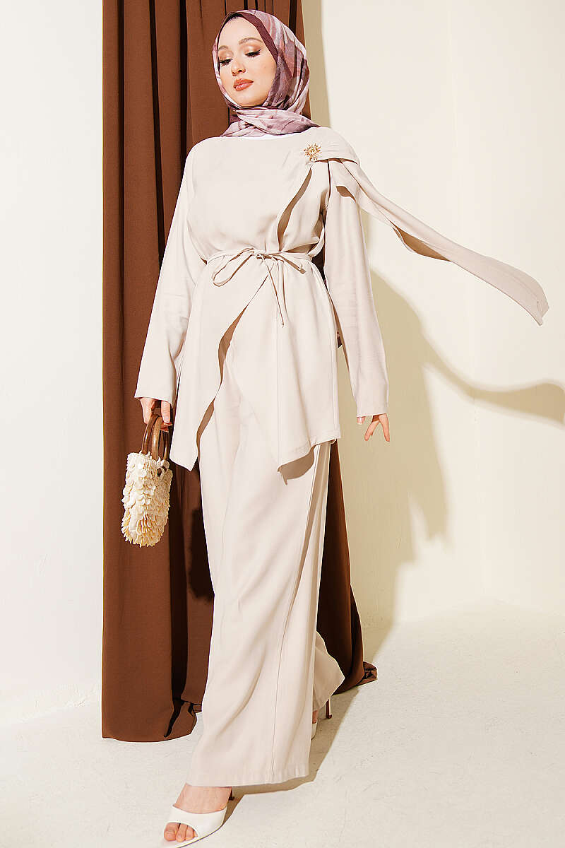 Asymmetric Tencel Two-Piece Set with Brooch - Beige