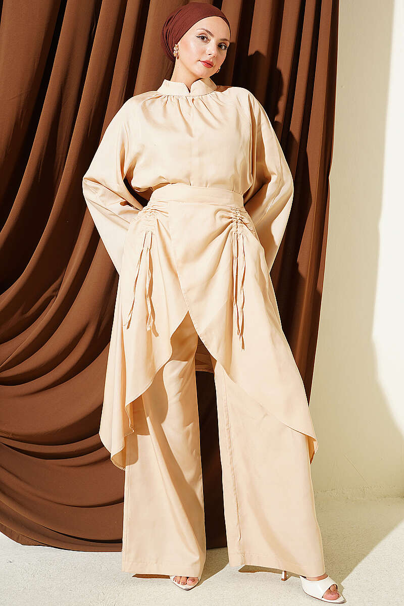 Asymmetric Gathered Two-Piece Set - Beige