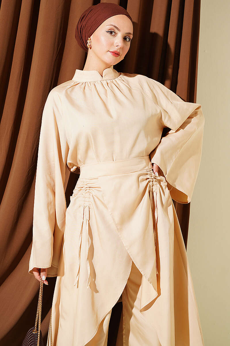 Asymmetric Gathered Two-Piece Set - Beige