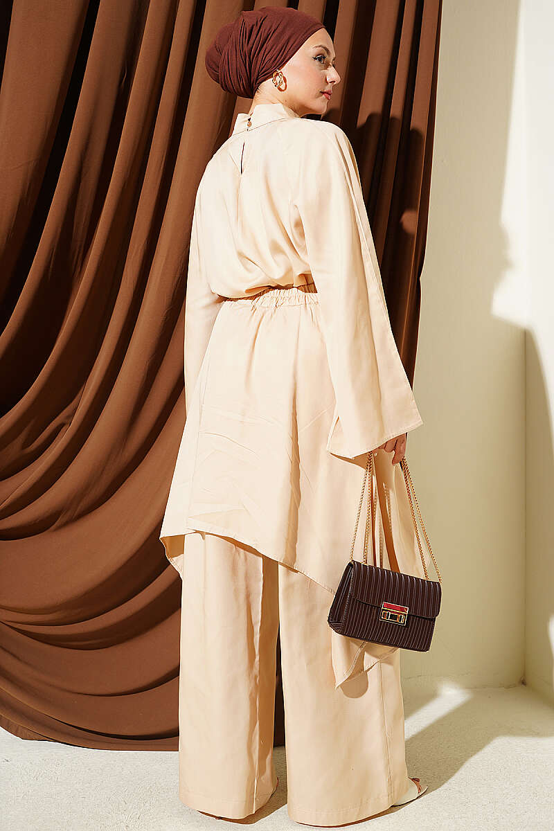 Asymmetric Gathered Two-Piece Set - Beige