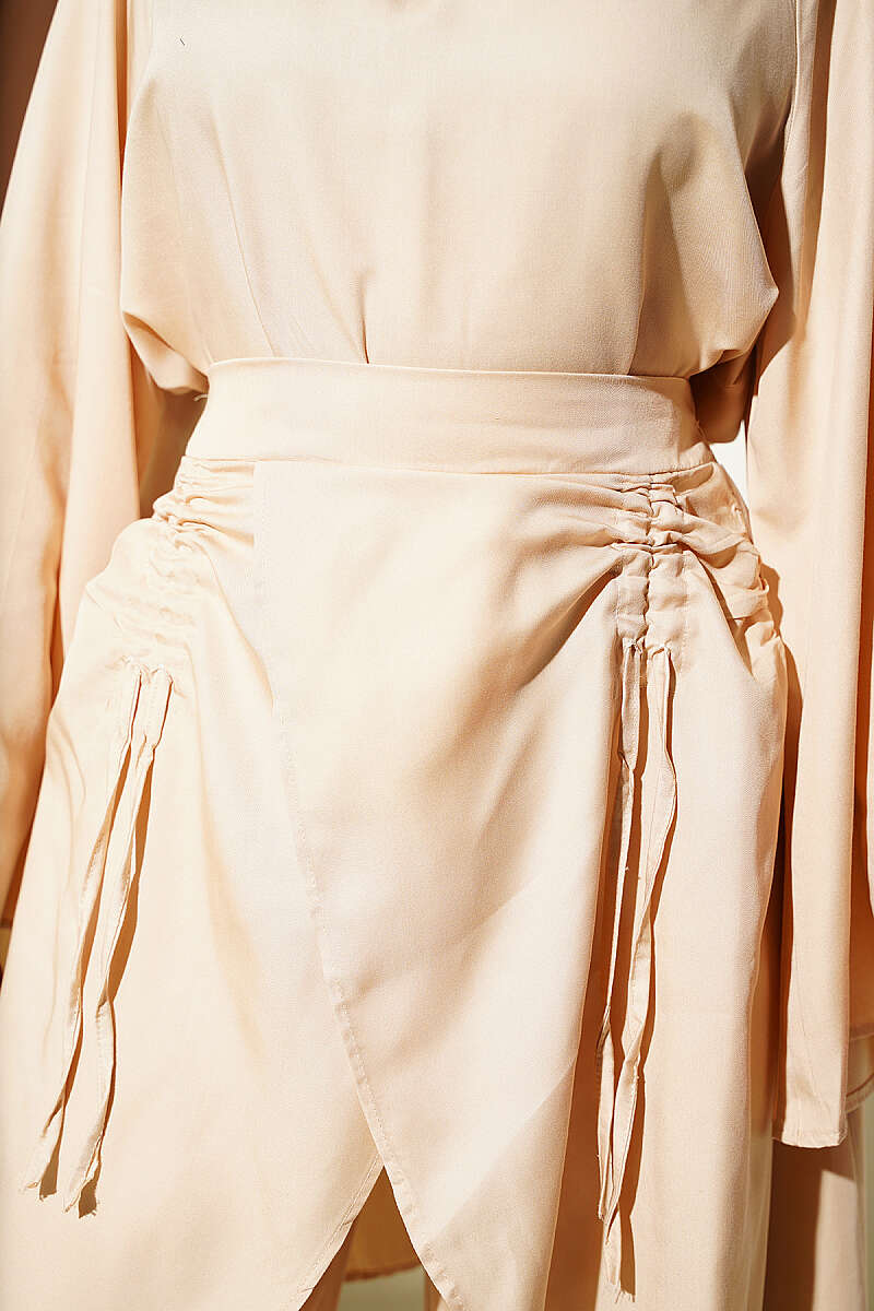 Asymmetric Gathered Two-Piece Set - Beige