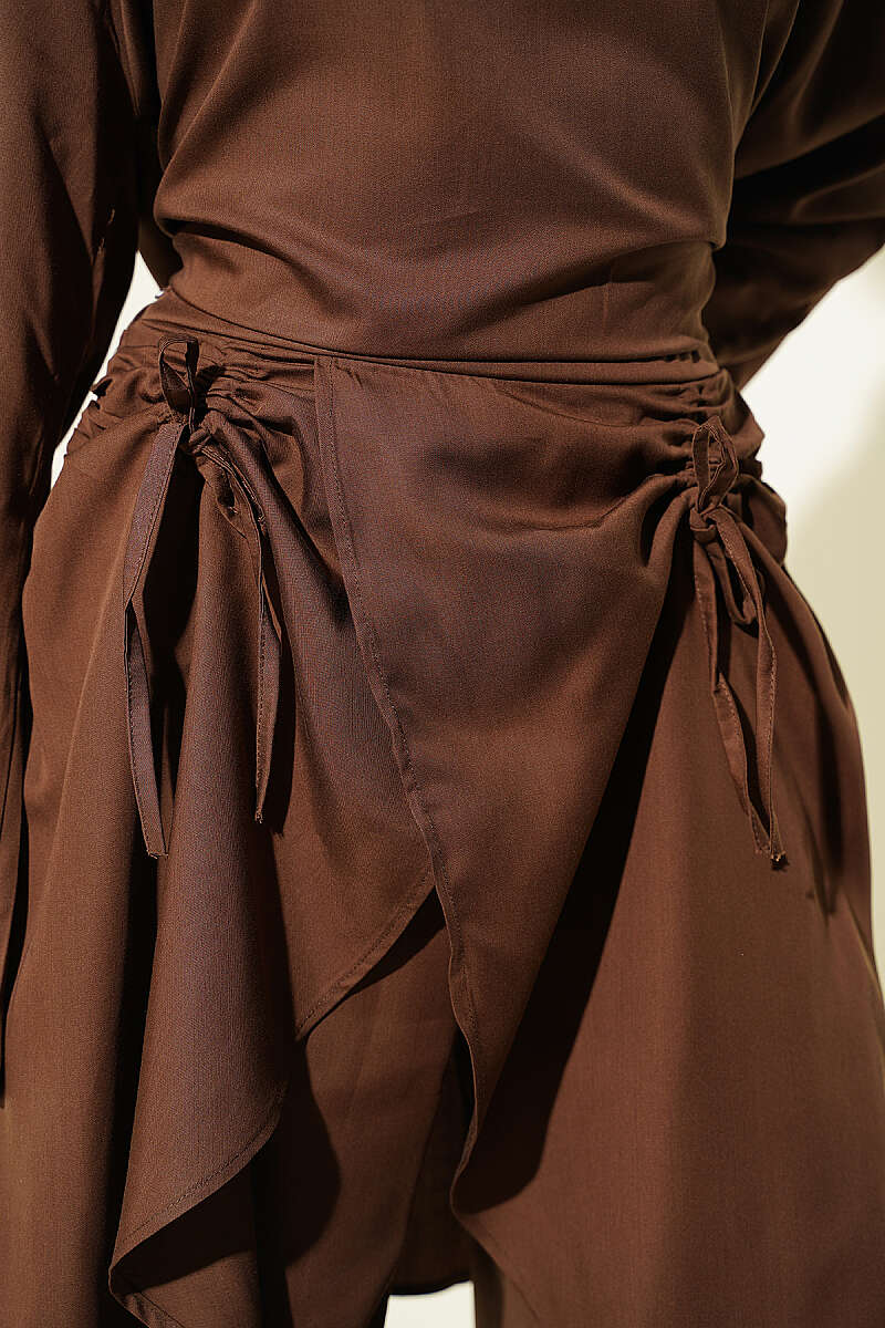 Asymmetric Gathered Two-Piece Set - Brown