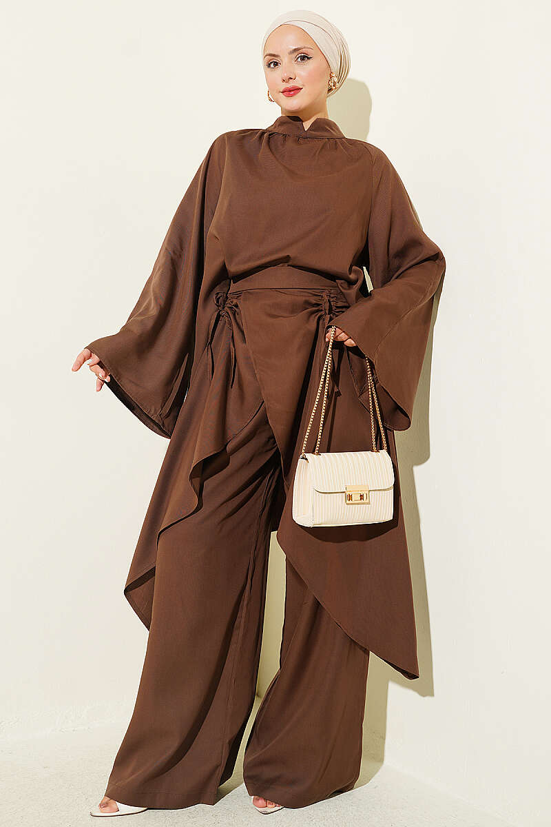 Asymmetric Gathered Two-Piece Set - Brown