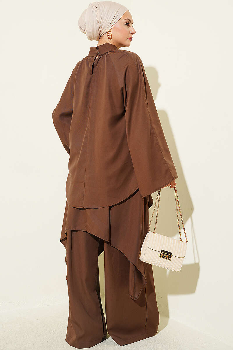 Asymmetric Gathered Two-Piece Set - Brown