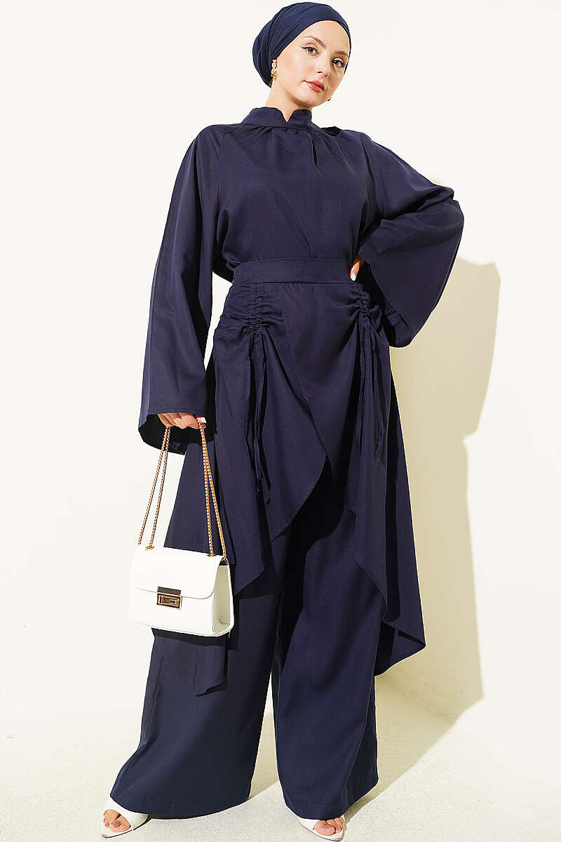 Asymmetric Gathered Two-Piece Set - Navy