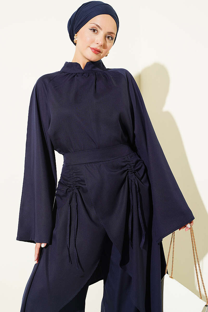Asymmetric Gathered Two-Piece Set - Navy