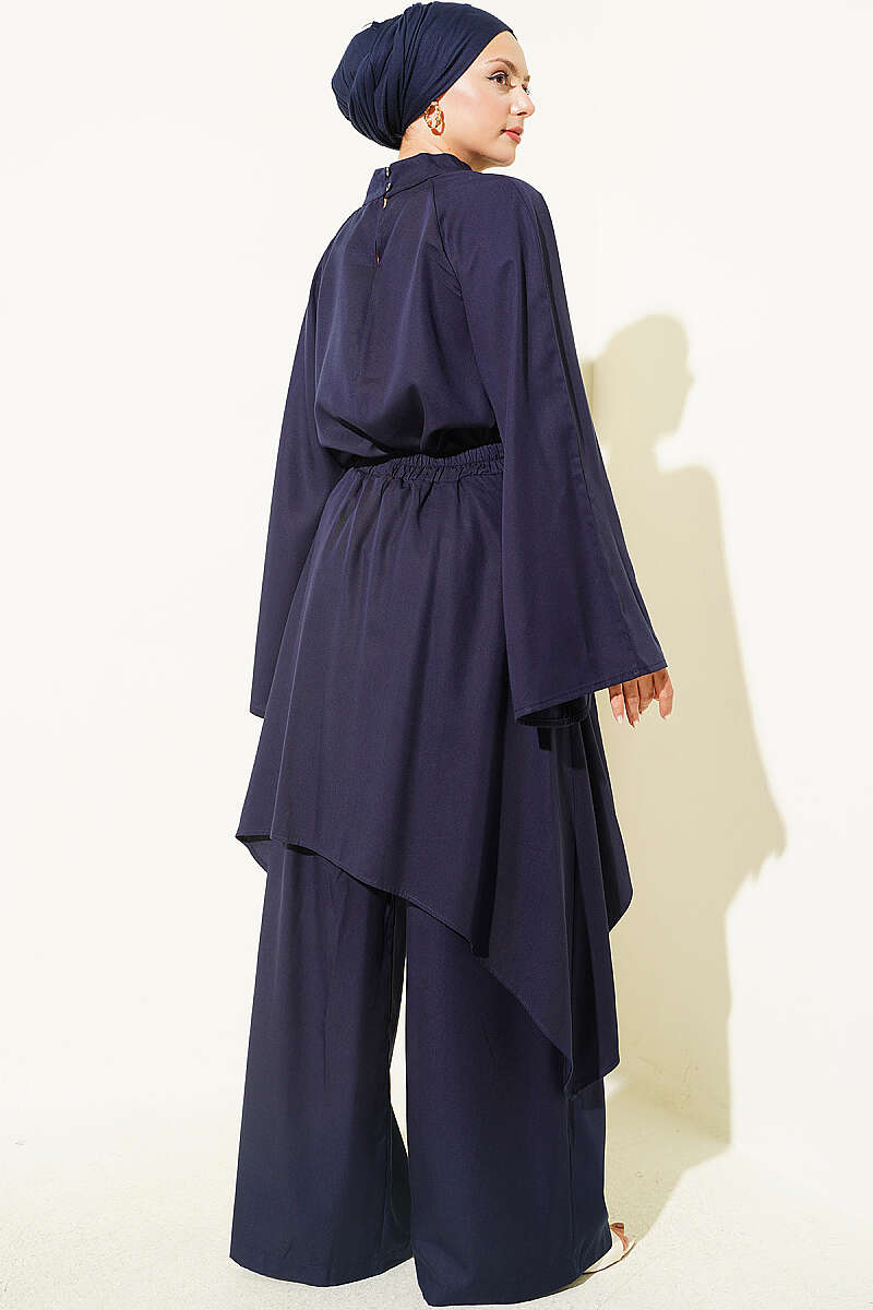 Asymmetric Gathered Two-Piece Set - Navy