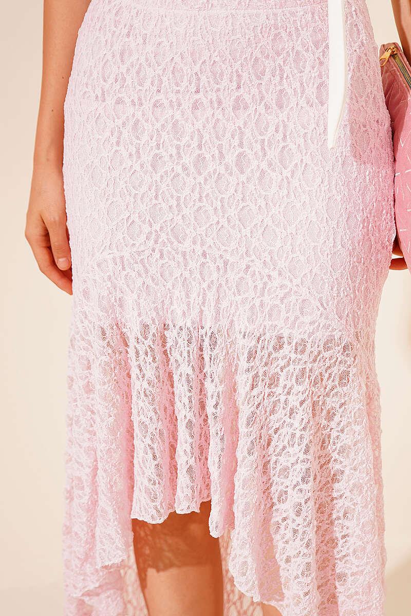 Asymmetric Lace Midi Skirt - Pink