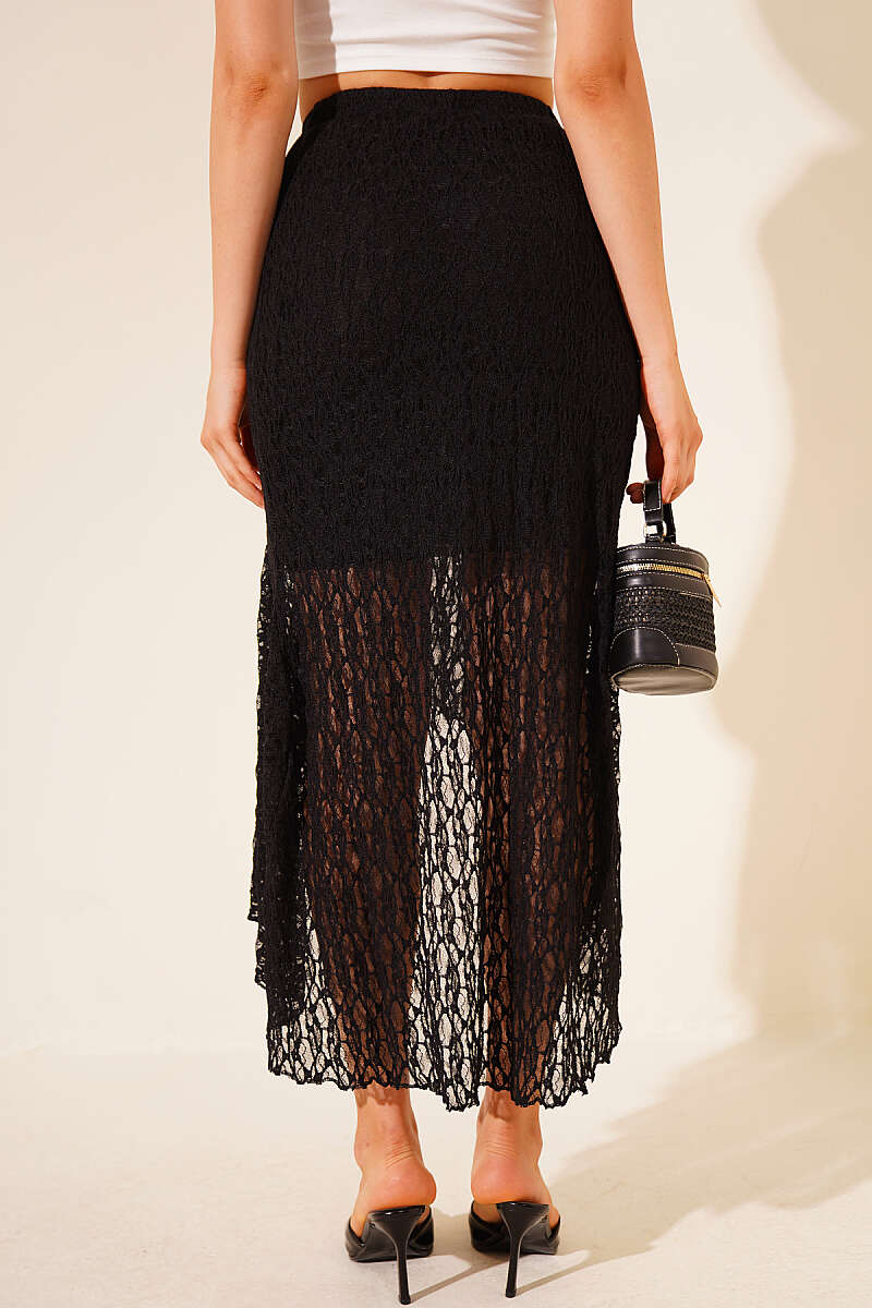 Asymmetric Lace Midi Skirt - Black