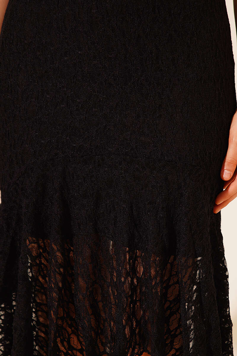 Asymmetric Lace Midi Skirt - Black