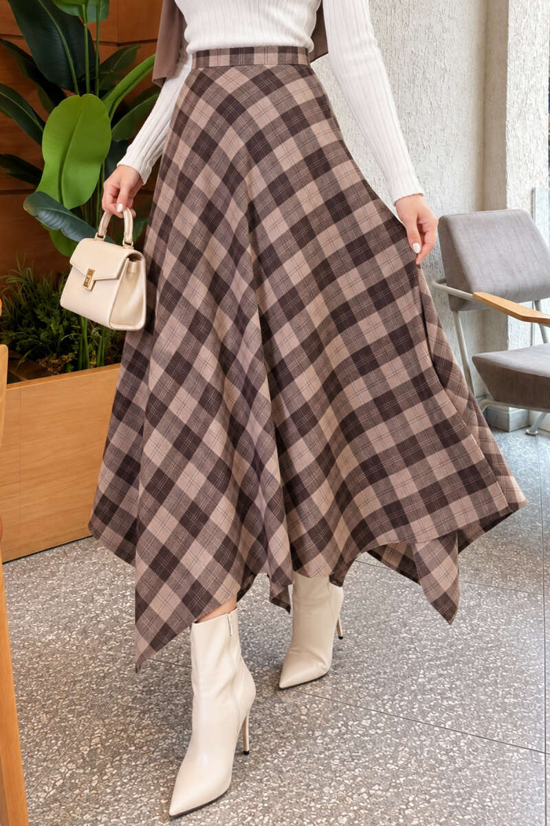 Asymmetric Plaid Skirt - Beige