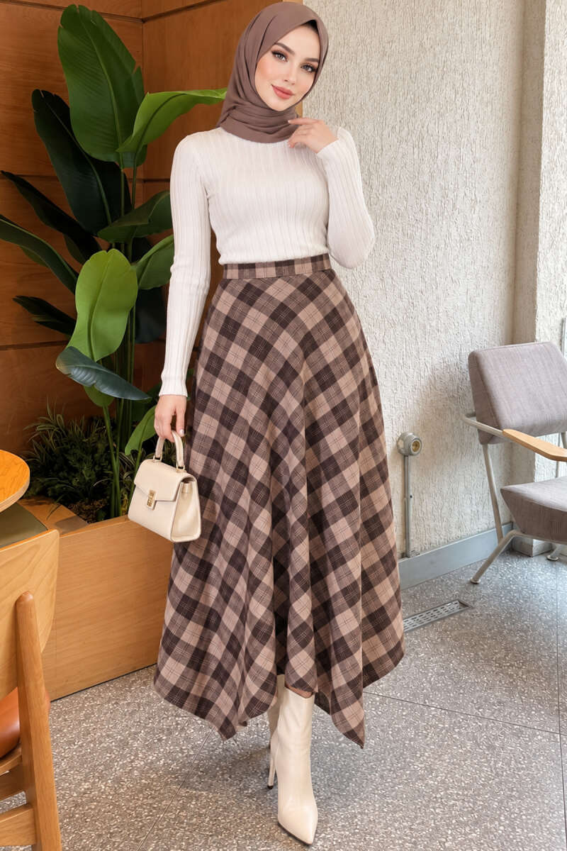 Asymmetric Plaid Skirt - Beige