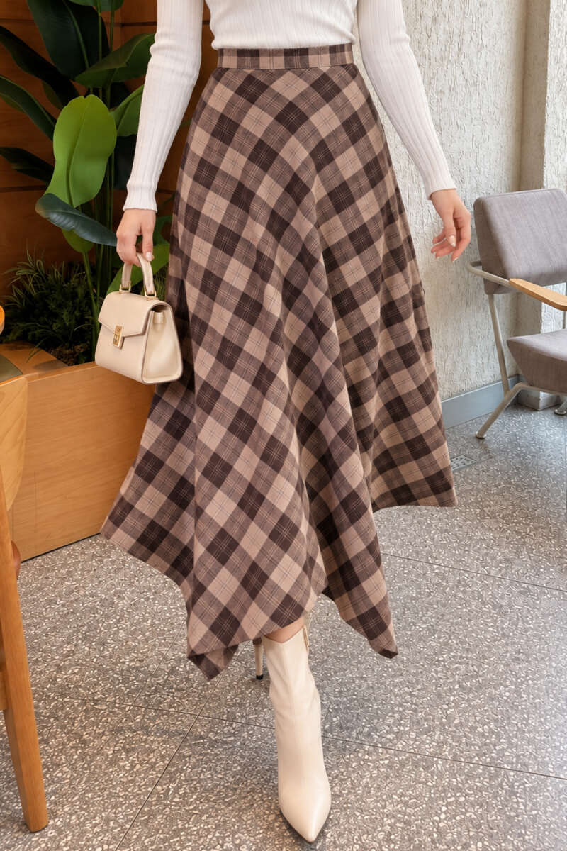 Asymmetric Plaid Skirt - Beige