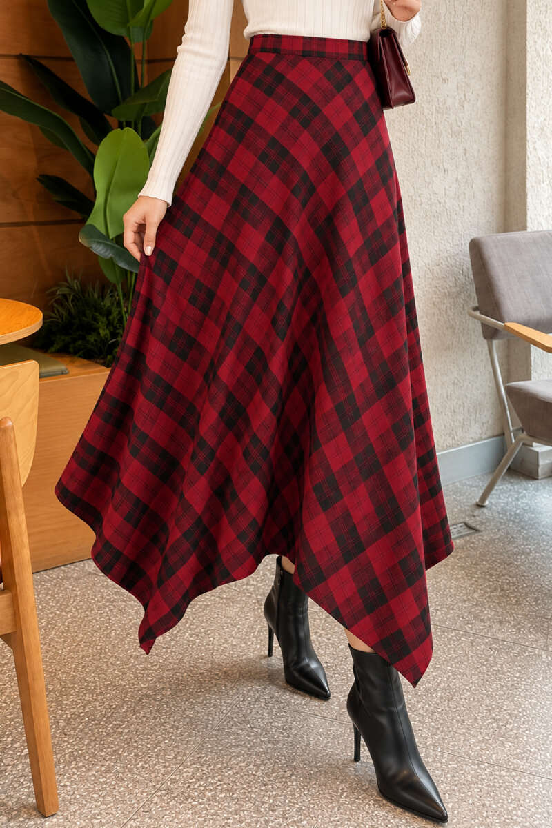 Asymmetric Plaid Skirt - Burgundy