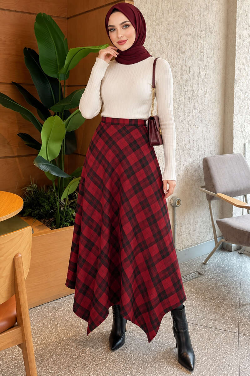 Asymmetric Plaid Skirt - Burgundy