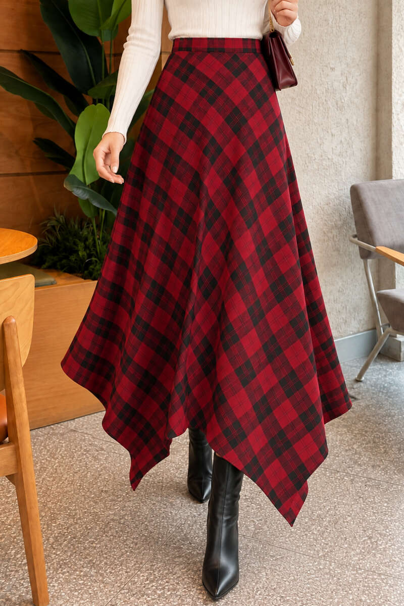 Asymmetric Plaid Skirt - Burgundy