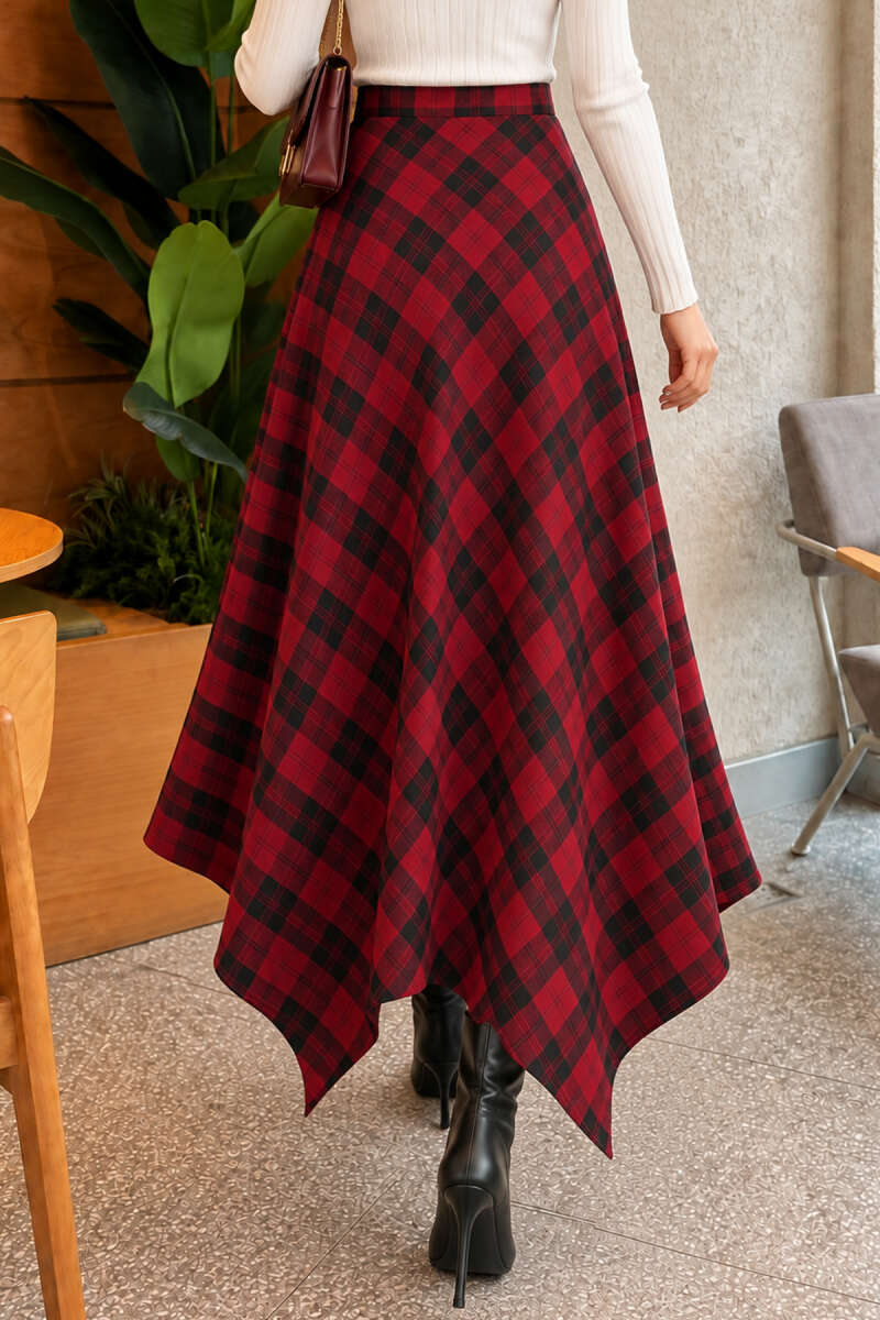 Asymmetric Plaid Skirt - Burgundy