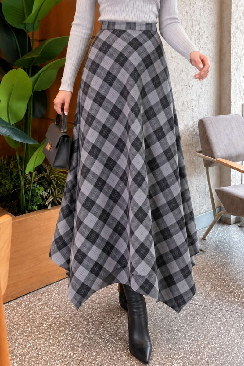 Asymmetric Plaid Skirt - Smoke Grey