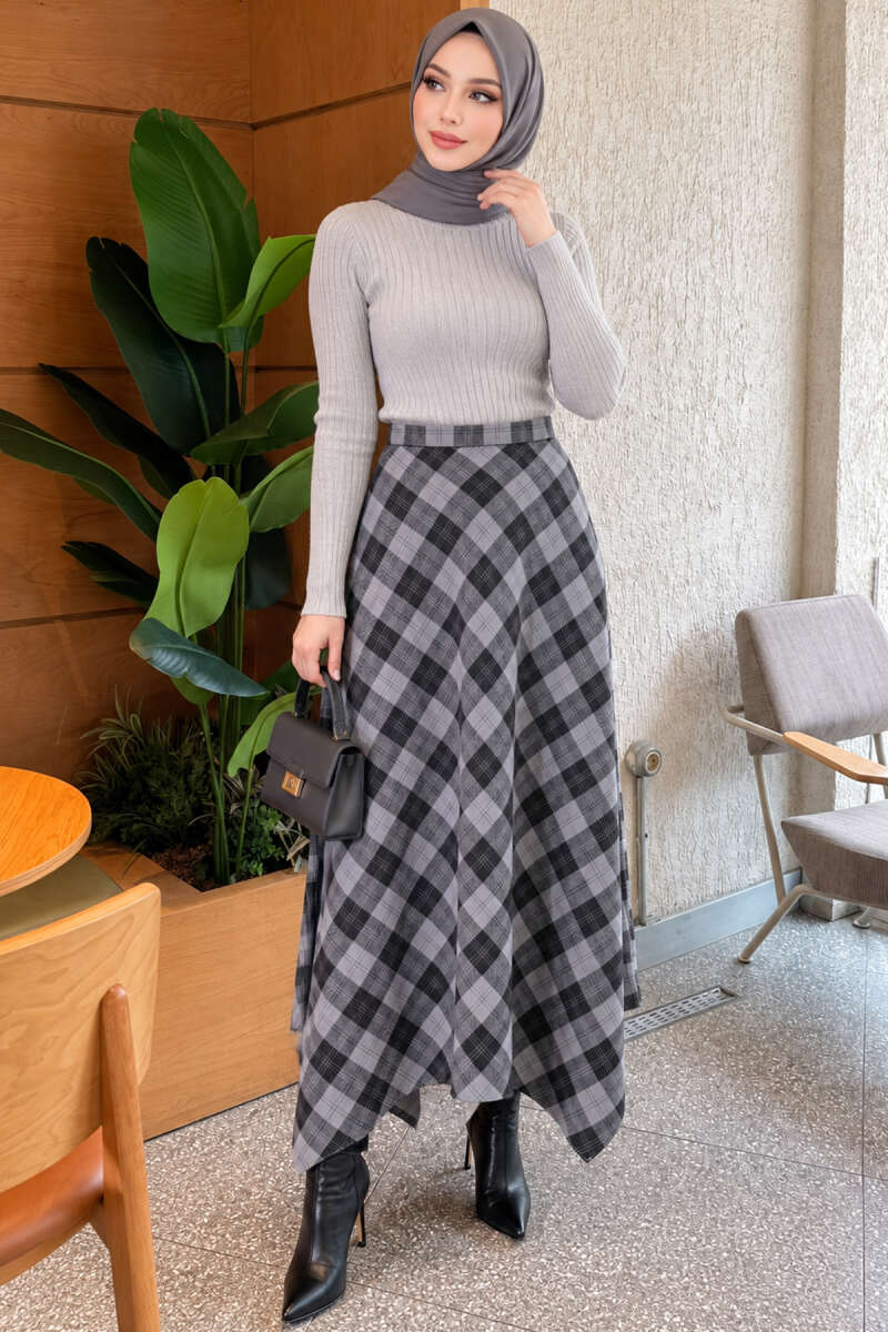 Asymmetric Plaid Skirt - Smoke Grey
