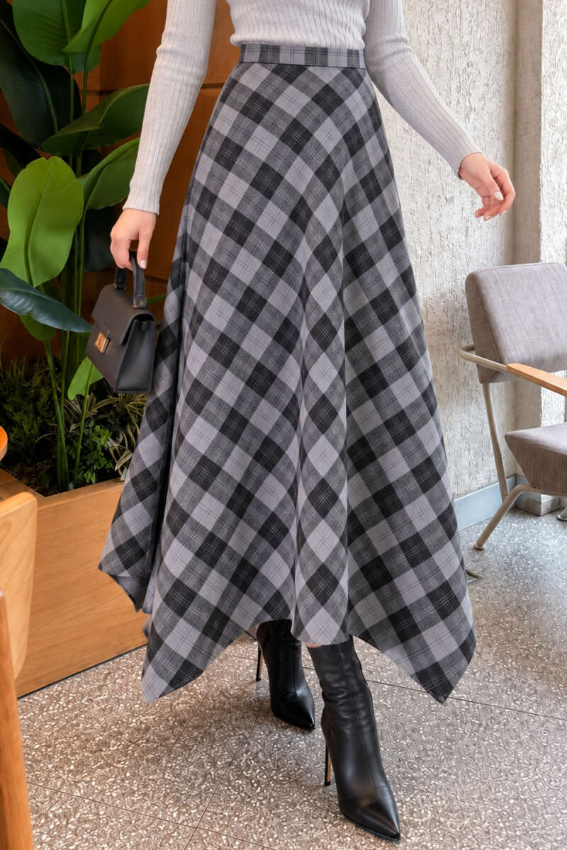 Asymmetric Plaid Skirt - Smoke Grey