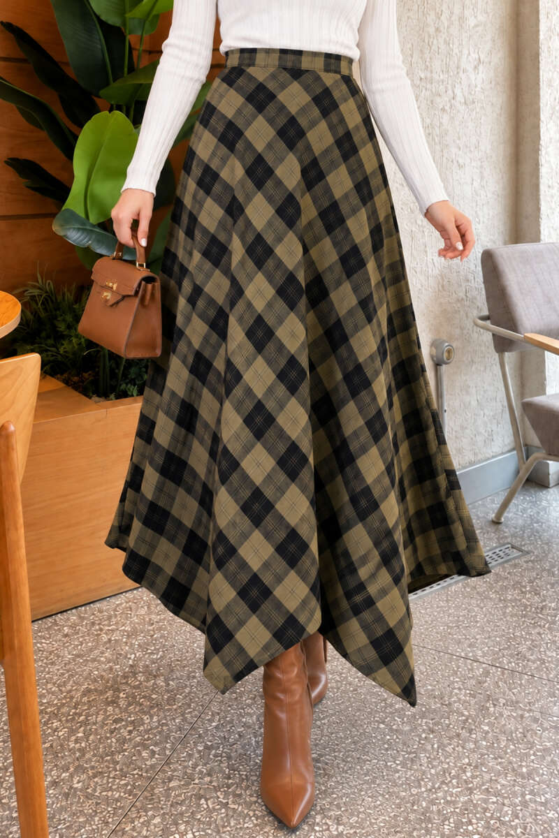 Asymmetric Plaid Skirt - Khaki