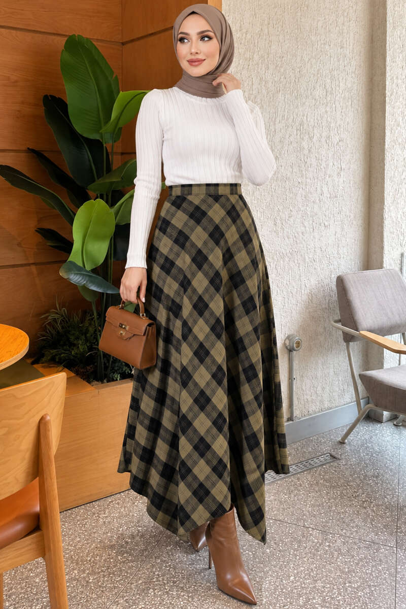 Asymmetric Plaid Skirt - Khaki