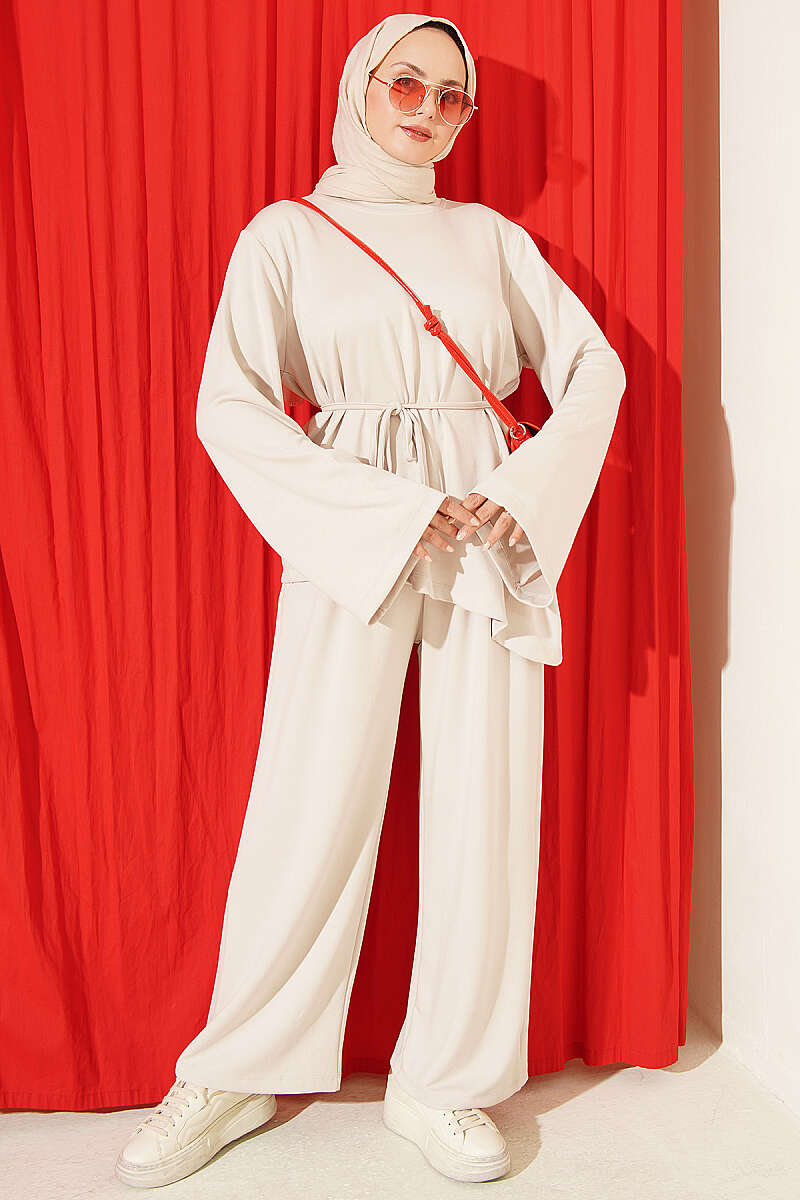 Asymmetric Two-Piece Set with Tie Cord - Beige