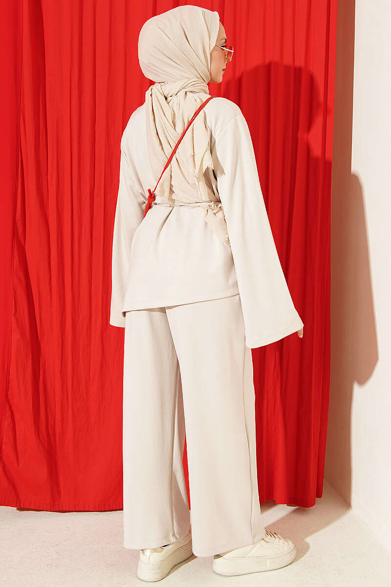 Asymmetric Two-Piece Set with Tie Cord - Beige